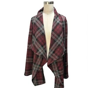 BB DAKOTA London Plaid Open Drape Knit Jacket burgundy black size medium